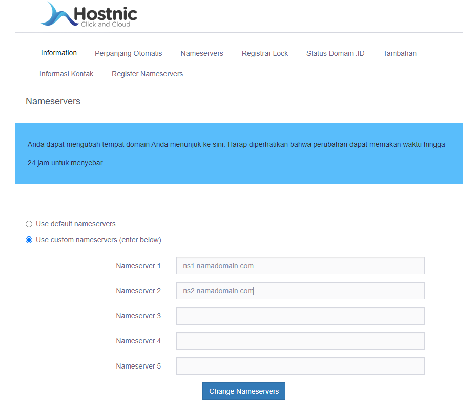 Cara mengganti nameserver domain di hostnic.id
