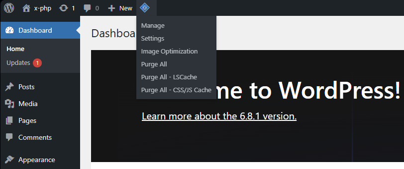 Menu dropdown LiteSpeed Cache di admin bar WordPress